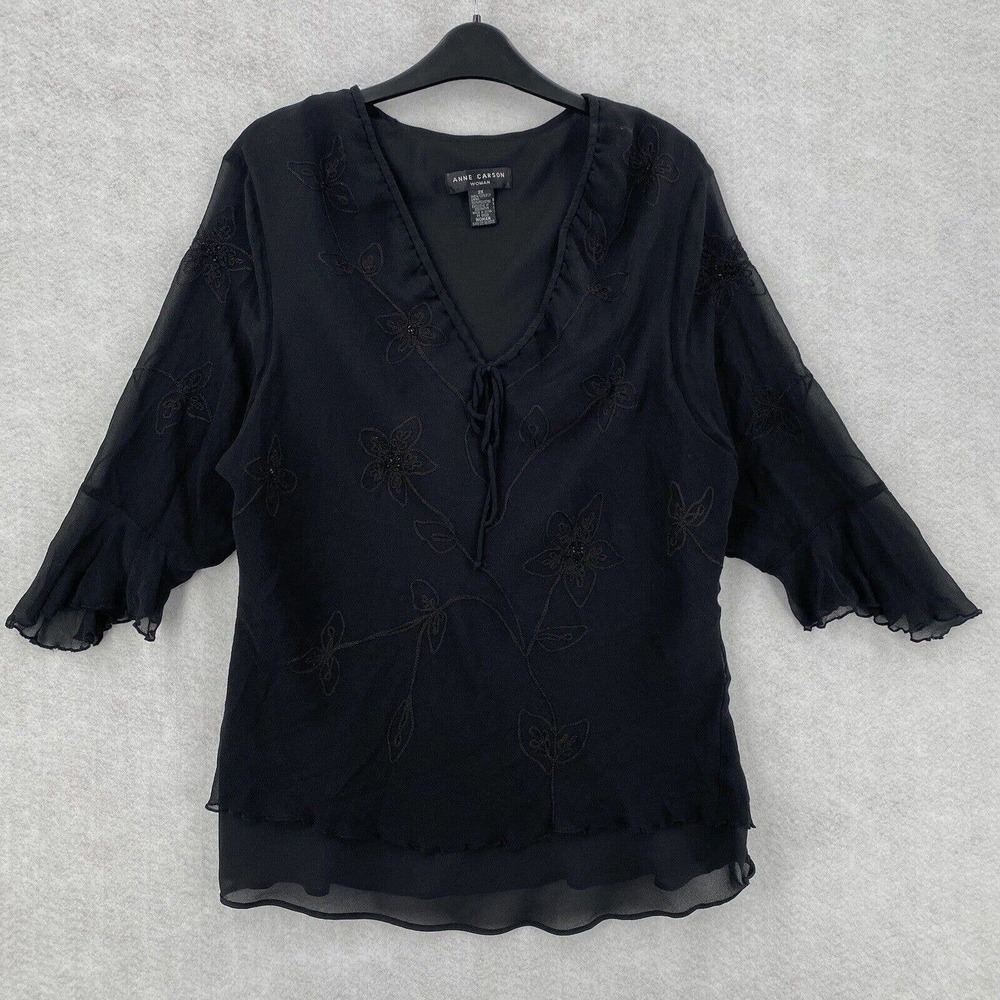 Anne Carson Silk Blouse Womens‎ 2X Black Y2K Flutter Sleeve Flounce Embroidered